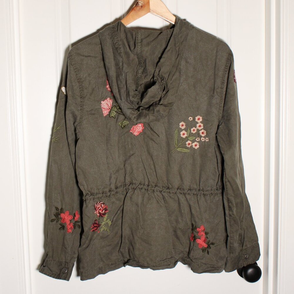 American Eagle army green floral embroidered hooded coat L - Picture 4 of 6